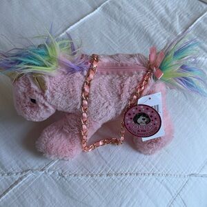 Olly & Me Pink Plush Unicorn Purse with Rainbow Mane